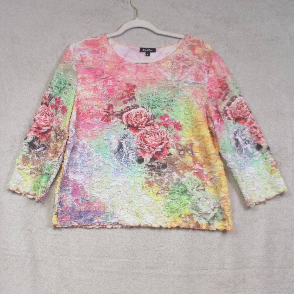 Jess & Jane Womens Wearable Art Top Size L Colorful 3/4 Sleeve Artsy Pullover
